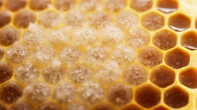 A magical macro timelapse of honey crystallizing inside hexagonal honeycomb cells with texture transforming to opaque crystalline, concept of natural chemistry and organic patterns