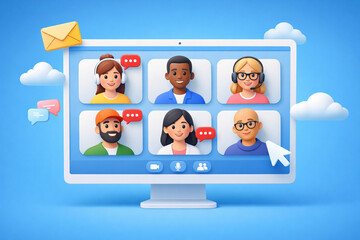 3D virtual meeting and online team collaboration concept