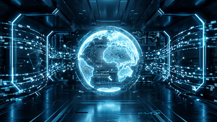 Global Sphere Hologram in Futuristic Data Center