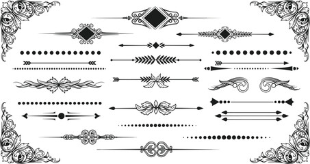 Vintage ornamental dividers, decorative flourishes, classic borders, elegant line elements, retro typography design, black white vector set © Mst