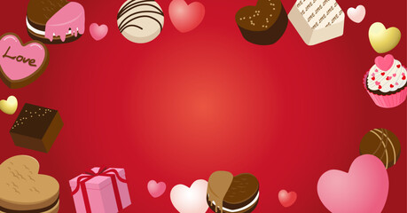 チョコレートやクッキー、ハートなどをあしらったバレンタインデーの背景素材。