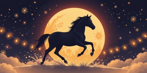 A silhouette of a horse against a glowing moon and starry background.