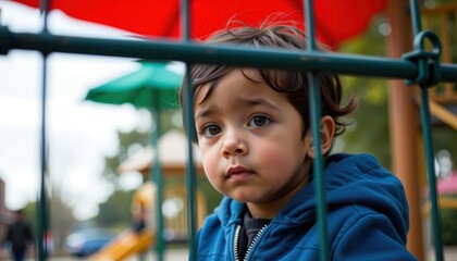 Child looking through a gate at a playground, with curious expression.