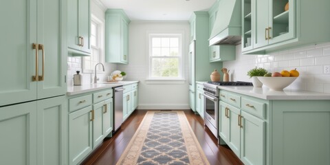 Modern mint green kitchen with wooden flooring and natural light.