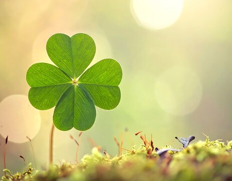 A vibrant, four-leaf clover against a blurred, bokeh background - Powered by Adobe