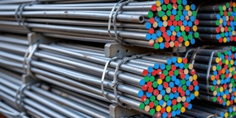 Stacked metal rods with colorful ends for construction use.