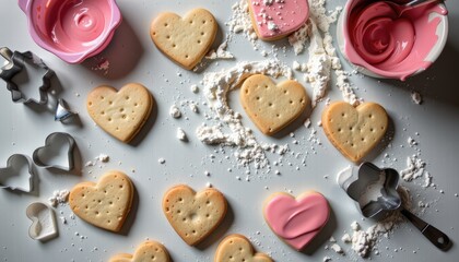 Heart-shaped cookies with pink icing and baking tools scattered around.