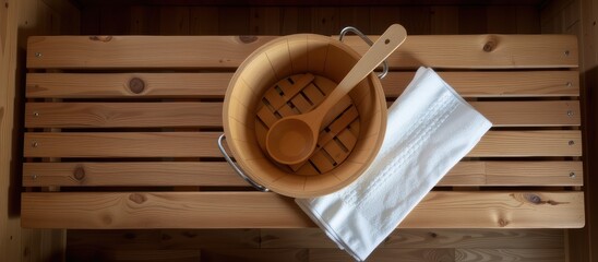 Wooden sauna essentials: bowl, ladle, towel on a bench.