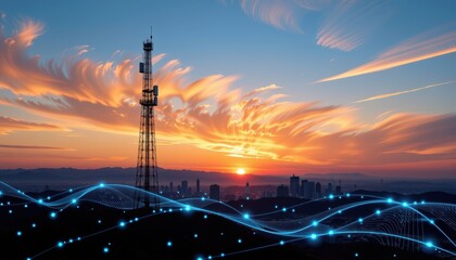 Vibrant sunset over a city skyline with a radio tower and flowing lines.