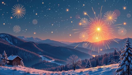 A snowy mountain landscape with colorful fireworks at dusk.