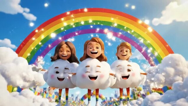 Happy cartoon clouds with rainbow in a vibrant, whimsical landscape.