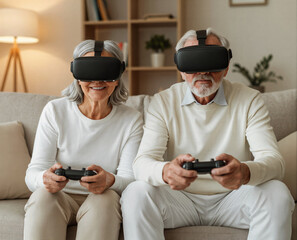 Senior Couple Enjoying Virtual Reality Gaming