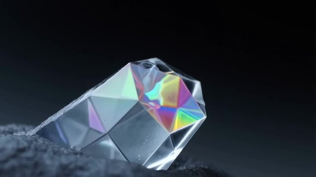 A surreal macro timelapse of a geometric ice crystal melting slowly to reveal a metallic rainbow-reflecting core against a dark background, concept of hidden beauty and transformation