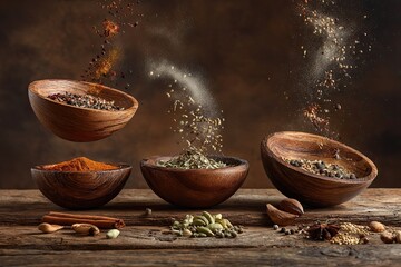 Assortment of assorted spices and herbs in wooden bowls, mid-air