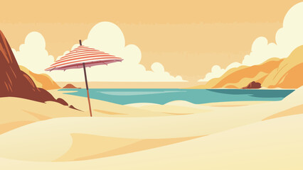 Serene Golden Beige Beach Landscape with Striped Umbrella, Vector Illustration