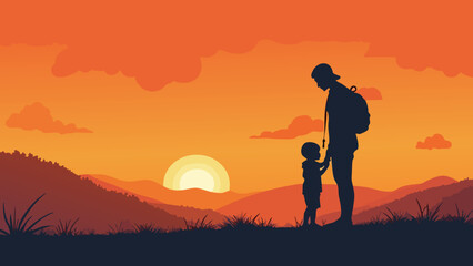 Obraz premium Minimalist Travel Poster: Mother and Child Silhouette at Sunset
