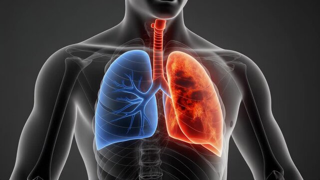 Close-up animation of the human respiratory system showing the trachea and lungs with a growing tumor on the right lung in red color and blue color on the left lung