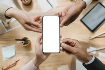 Team Collaboration: Diverse Hands Holding Smartphone with Blank Screen Template