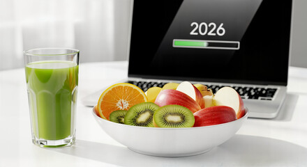 "Morning Routine: Laptop Showing '2026' Progress Bar with Healthy Breakfast &mdash; Work-Life Balance"
