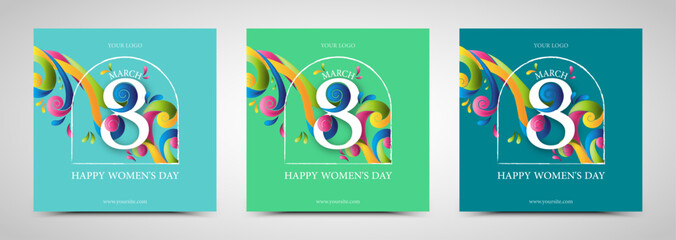 Set of International Women&rsquo;s Day March 8 Greeting Card with green Background, Swirl and twisted Elegant lines, Feminine Floral Celebration Design