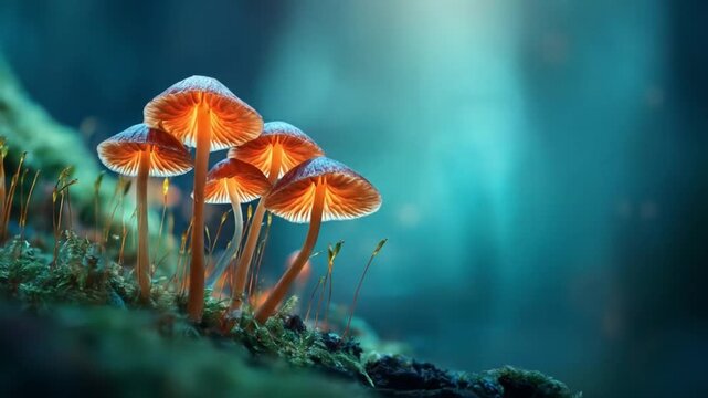 Small orange mushrooms cluster on moss under cool blue light with soft, ethereal depth in soft glow!