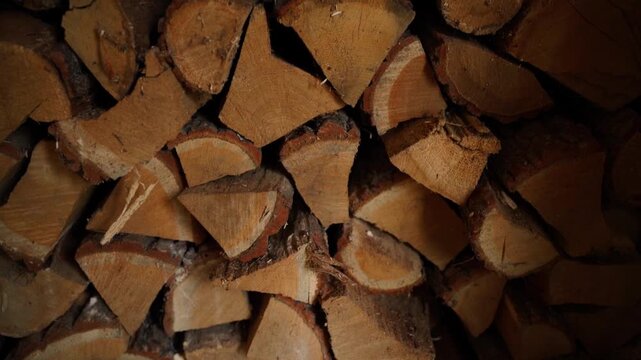 Close-up of stacked oak firewood in a woodshed, smooth camera movement