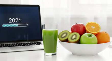 "Morning Routine: Laptop Showing '2026' Progress Bar with Healthy Breakfast &mdash; Work-Life Balance"

