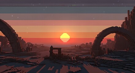 Pixelated Sunset Over Ancient Ruins in a RetroFuturistic Landscape.