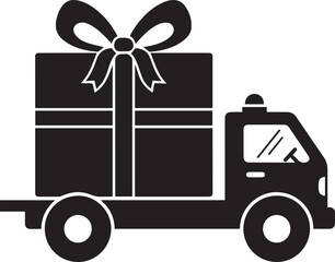 Delivery truck carrying a large gift box icon silhouette vector black on a white background