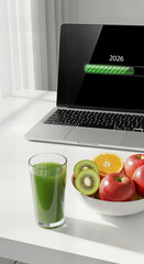 "Morning Routine: Laptop Showing '2026' Progress Bar with Healthy Breakfast &mdash; Work-Life Balance"
