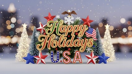 Happy holidays usa festive greeting with christmas trees and stars