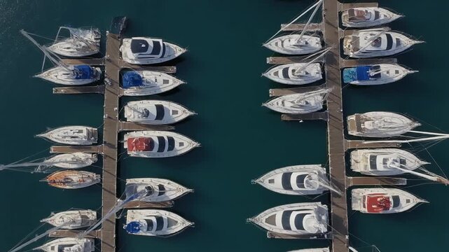 Aerial view of a bustling marina filled with numerous boats docked in calm, clear water.