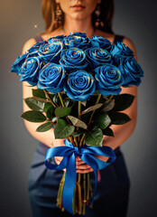 Elegant Woman Holding Blue Roses