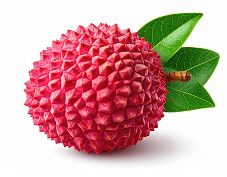 Single ripe tropical fruit with green leaves, white backdrop