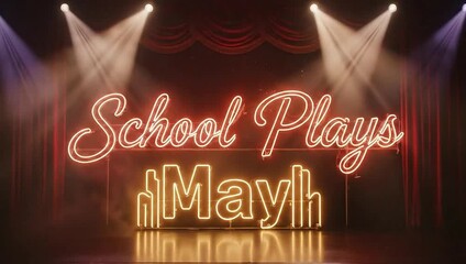 Neon Sign Illuminates a Stage with School Plays May Text and Spotlights. - Powered by Adobe