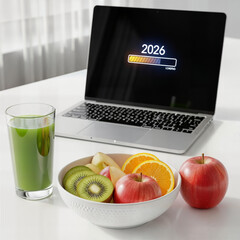 "Morning Routine: Laptop Showing '2026' Progress Bar with Healthy Breakfast &mdash; Work-Life Balance"
