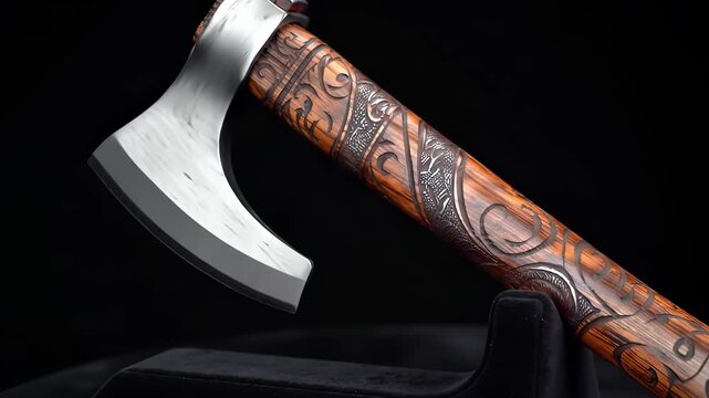 Viking Battle Axe with Intricate Carved Wooden Handle on Black Background, Historical Warrior Weapon and Craftsmanship
