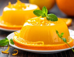 Close-up of orange jelly desserts, garnished with citrus zest & mint