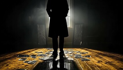 Mysterious Silhouette of a Man in Trench Coat in Dark Room, Surrounded by Broken Glass, Noir Investigation Scene