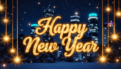 Festive New Year celebration with shimmering stars in city skyline, joy