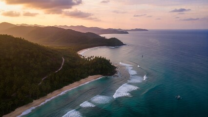 Golden hour coastline with gentle waves from air