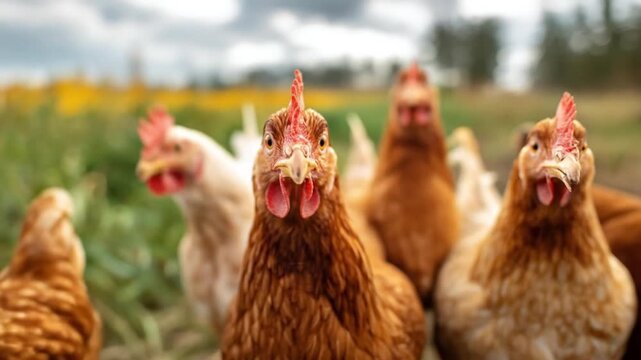 Brown hens crowd toward the camera in a sunlit farmyard, with green fields behind, under bright sun