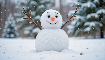 Smiling snowman standing in snowy forest, winter joy and cheer