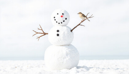 Minimalist snowman with bird in snowy field, winter cheerfulness