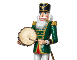 A detailed image of a wooden nutcracker soldier holding a drum and drumstick, isolated
