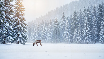 Lone reindeer grazing in snowy forest at winter morning, tranquility