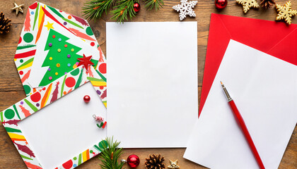 Colorful holiday stationery collection on wooden desk, festive spirit