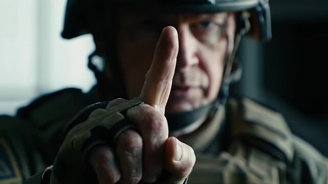 Determined soldier gesturing with his index finger close up on dark blurred background