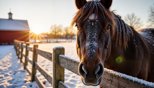 Majestic horse in frosty barnyard at dawn, winter beauty - Powered by Adobe