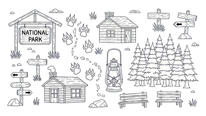 Fototapeta premium Outlined national park elements cabins trees signs lanterns vector illustration